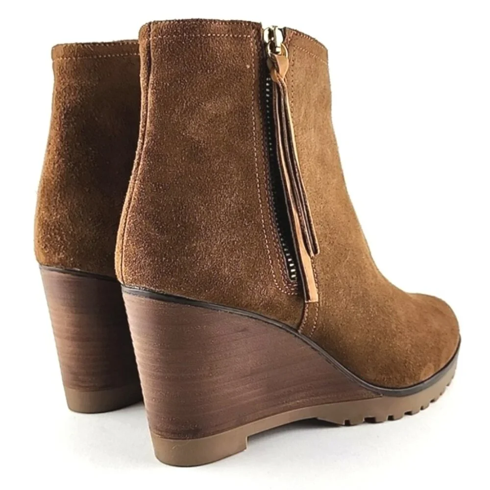 Fabianelli Tan Suede Lined Ankle Boots Almond Toe Stacked Wedge Sole Size 39 - Picture 6 of 16